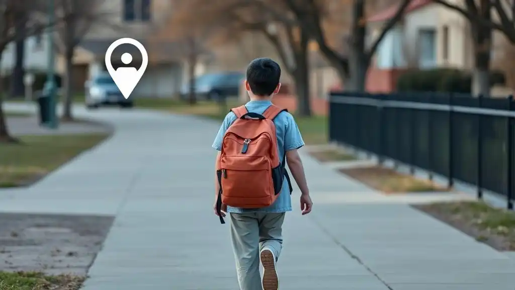 A teenager walking to school with location tracking enabled for parent monitoring.