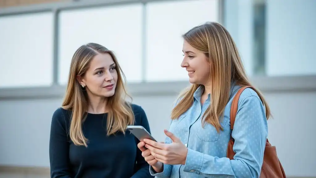 A middle-aged woman talking to her teenage daughter and holding a smartphone in her hands