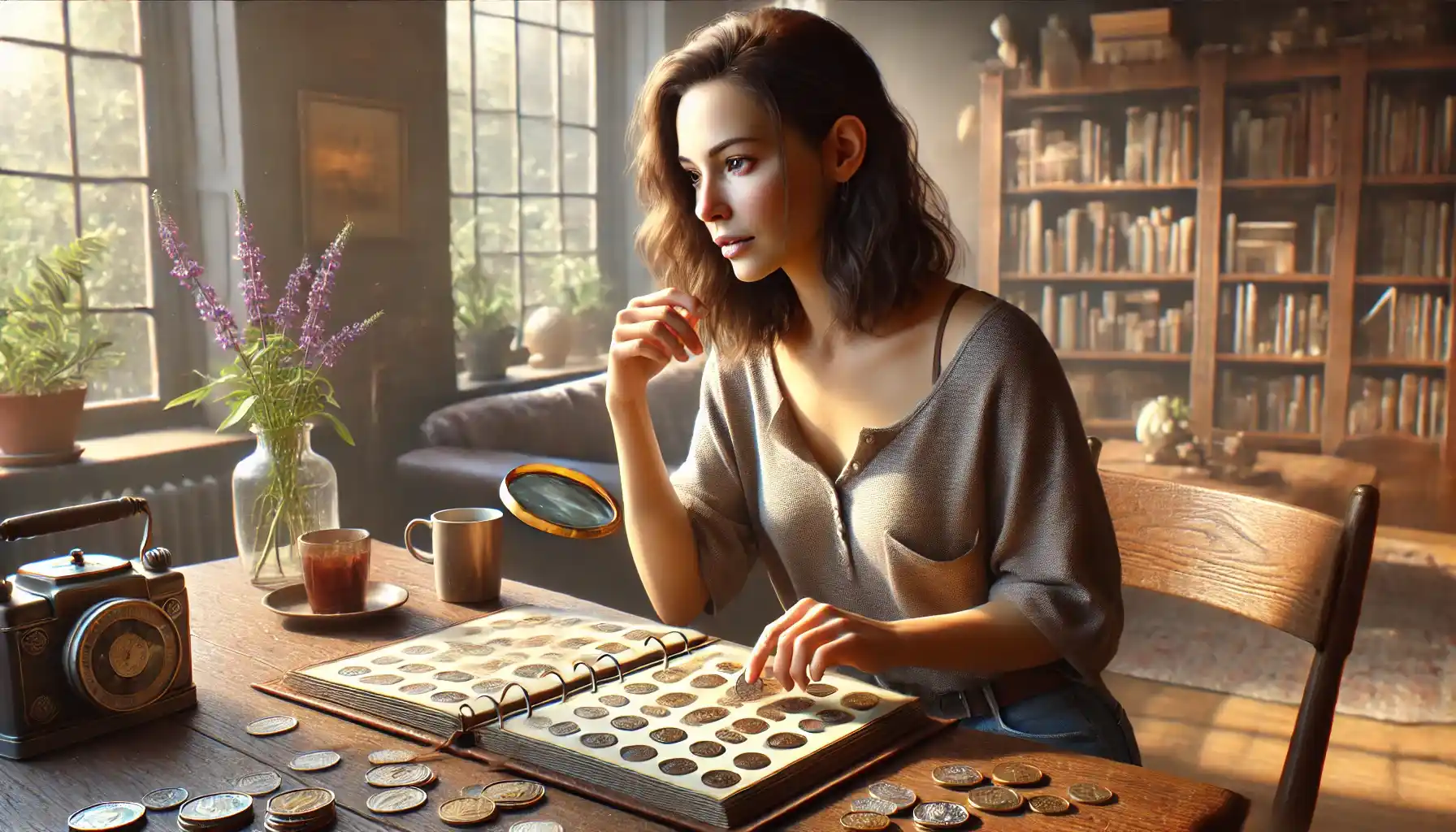 An image of a woman intently examining her coin collection in an open album at a wooden table, set in a cozy, naturally lit home with warm decor and scattered coins.